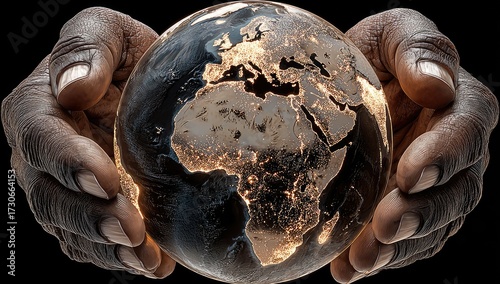 Dark-skinned hands gently cradle a luminous globe, showcasing Africa and Europe, illuminated city lights contrasting with a dark, detailed landmass.  The background is pure black