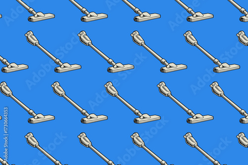 Vacuum cleaner doodle pattern on blue background. Vacuum seamless pattern background. Vector with power tools. Machine isolated motif wallpaper
