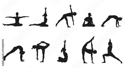 Diverse yoga poses depicted in black showcasing human form silhouette