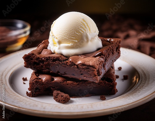 brownies chocolate brownies with a scoop of vanilla ice cream on top