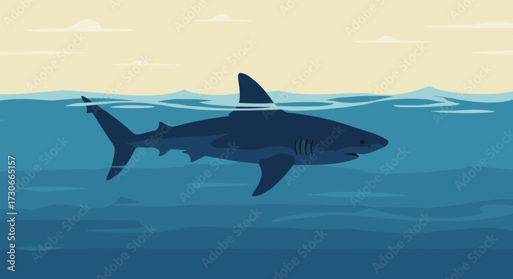Fototapeta premium Shark swimming in ocean waters under cloudy sky 