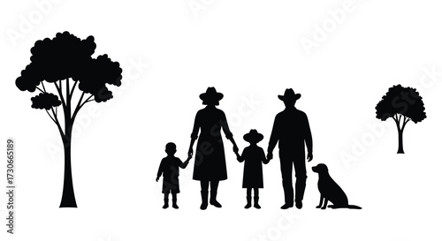 A family with two children and a dog in black silhouette