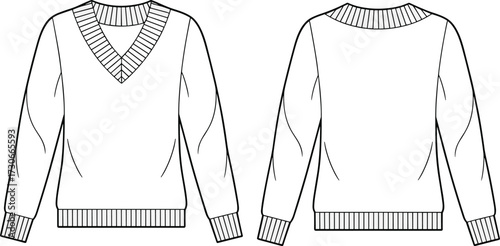 Cad drawing flat vector illustration of unisex v neck sweater long sleeve knit pullover fashion garment technical design sketch template