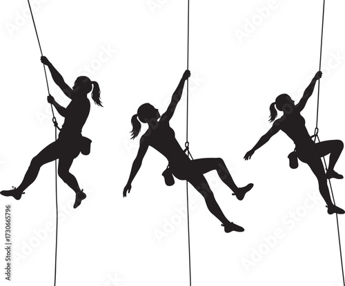 Three women rock climbing in silhouette style