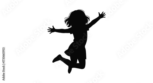 Joyful child leaping with arms outstretched against a white background silhouette