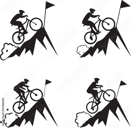 Silhouette Icons of Mountain Bikers Descending Steep Mountain Trails with Flags Keywords: mountain biking, cyclist, bicycle, sport, extreme sport, downhill, mountain, trail, flag, descent, action