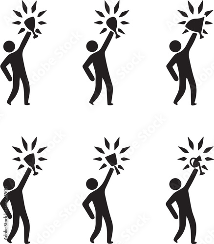 Silhouette of a person holding up a trophy with radiating light on white background winner champion