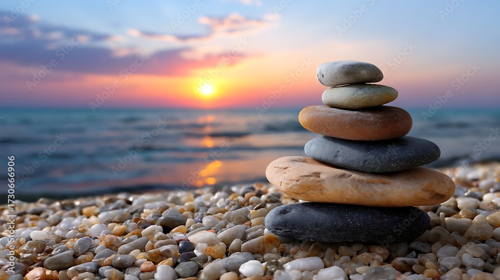 Fototapeta premium Tranquil Sunset Over Serene Beach with Balanced Stones Stacked on Pebble Shoreline