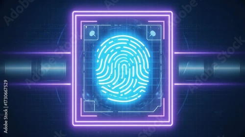 Digital Fingerprint Scanner with Neon Purple Frame and Data Background technology security