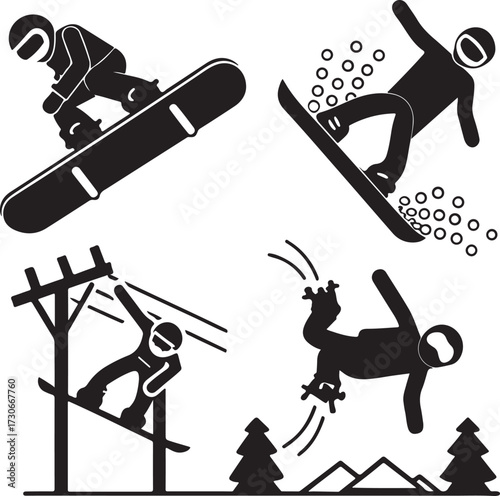 Snowboarding action poses in silhouette with winter landscape elements snowboarder winter sport