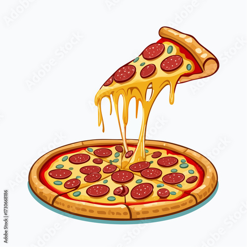 A delicious pepperoni pizza with a slice being lifted, showcasing strings of melted cheese and scattered pepperoni pieces.