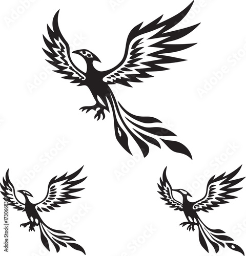 Stylized Black Phoenix Bird Silhouettes in Flight on White Background flying mythical