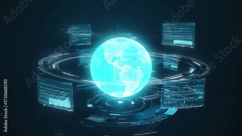Holographic Earth Globe with Data Screens in Futuristic Interface digital technology