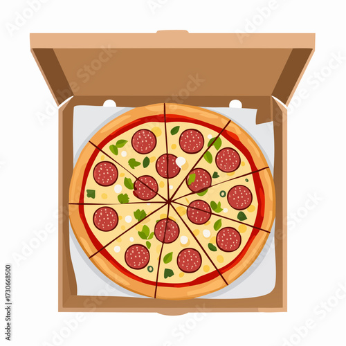 A pepperoni pizza in a cardboard box, ready to eat.