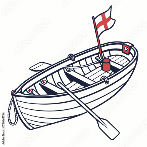A charming hand drawn illustration of a wooden rowboat with an english flag and oars ready for adventure