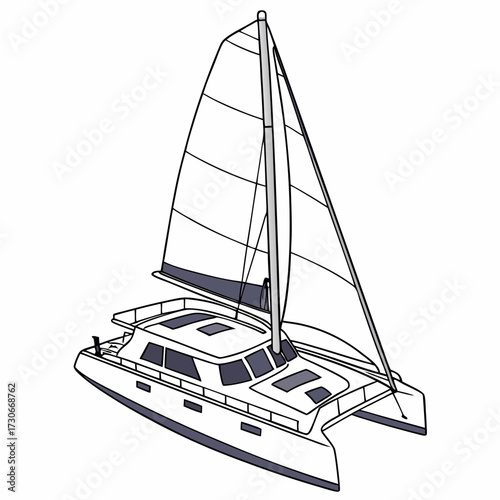 A clean line drawing illustration of a modern white catamaran sailboat with blue accents on a white background