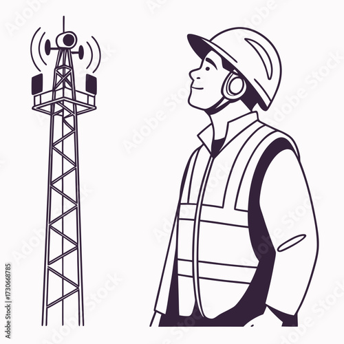 A construction worker wearing a hard hat and safety vest looks up at a telecommunications tower with signal waves radiating outward