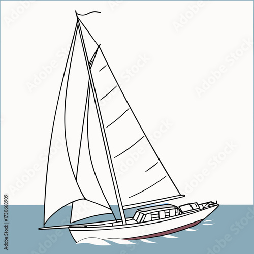 A sleek white sailboat with full sails glides gracefully across calm blue ocean waters