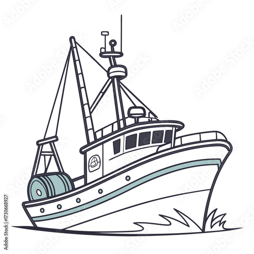 A stylized cartoon illustration of a fishing trawler boat sailing through the water
