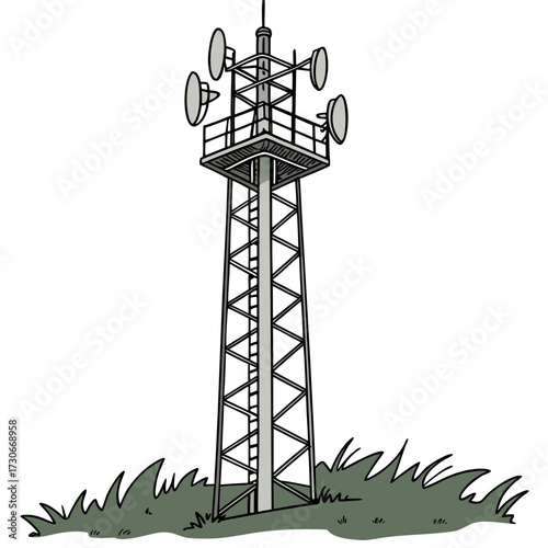 Cartoon illustration of a tall telecommunications tower with multiple antennas and dishes on a grassy field