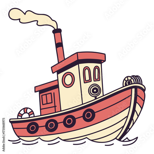 Charming cartoon tugboat with red and cream colors sailing on blue waves with smoke from chimney
