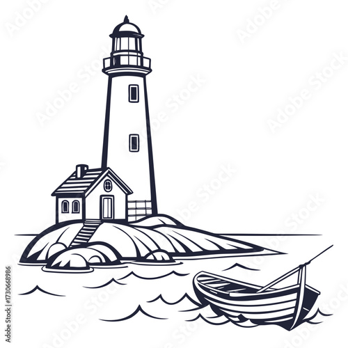 Classic lighthouse tower standing tall on rocky island shoreline with small boat in wavy ocean waters
