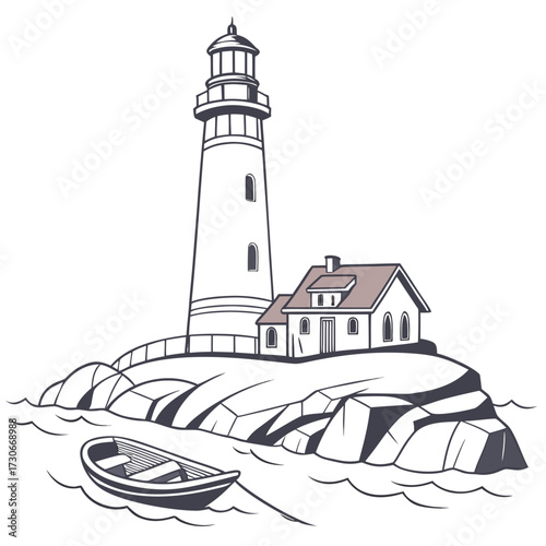 Classic lighthouse and keeper s house on rocky island with rowboat in the water