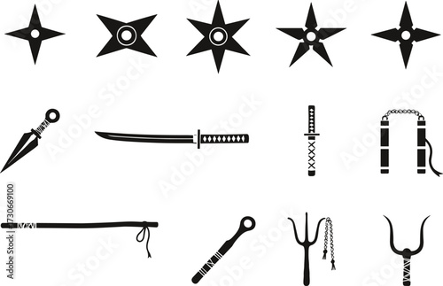 Martial arts weapons silhouette, Japanese ninja tools, katana sword, shuriken, sai, nunchaku, bo staff, kunai, traditional combat vector illustration