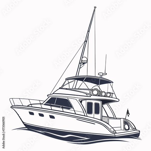 Elegant line art illustration of a luxury motor yacht sailing on calm water