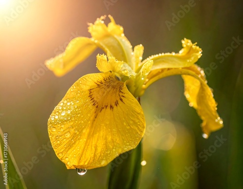 Close-up of a bright yellow iris flower covered in dew drops