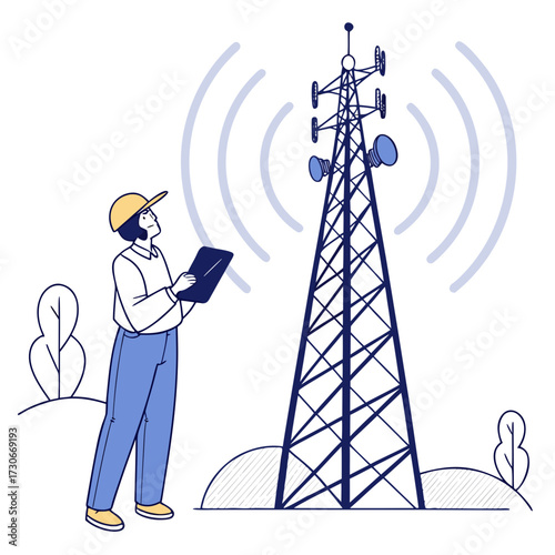Engineer with tablet monitors signal transmission from a tall telecommunications tower with radiating waves