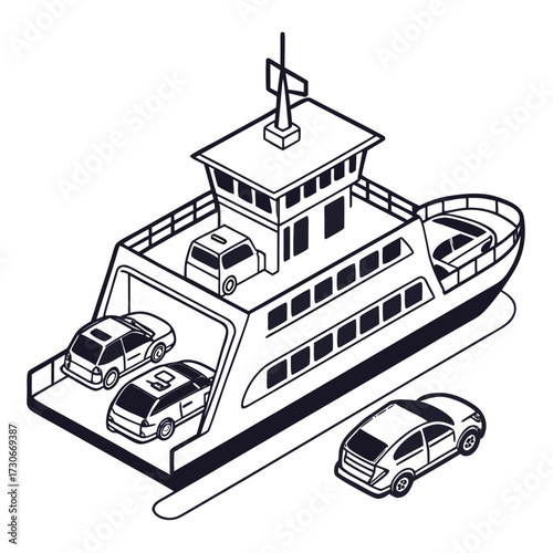 Isometric illustration of a ferry boat carrying cars across water with one car waiting to board