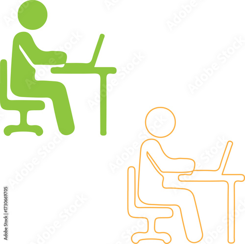 Two abstract office worker icons one green and one orange working on laptops