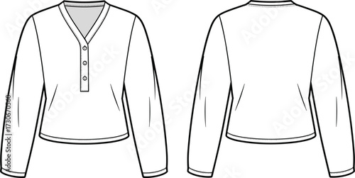 Cad drawing flat vector illustration of women henley long sleeve v neck casual top fashion technical sketch clothing design template