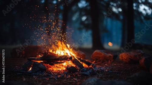 Campfire flames burning in a forest night, warm cozy atmosphere, detailed sparks and glowing wood, natural fire background1