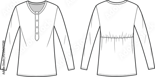 Cad drawing flat vector illustration of women long sleeve henley tunic top with gathered back fashion technical sketch template
