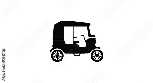 Simple black depiction of a vintage auto rickshaw silhouette