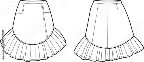 Cad drawing flat vector illustration of women pleated ruffle skirt fashion technical sketch template with pockets for apparel design and pattern