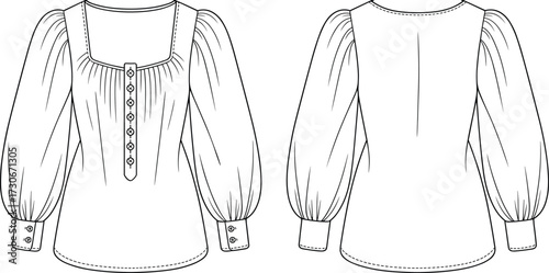 Cad drawing flat vector illustration of women puff sleeve blouse long sleeve top fashion garment technical design sketch template