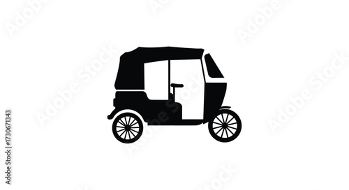 Black and white illustration of a classic three wheeled vehicle silhouette