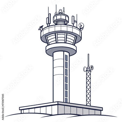 Modern communication tower and smaller telecommunication tower on a white background with subtle ground lines
