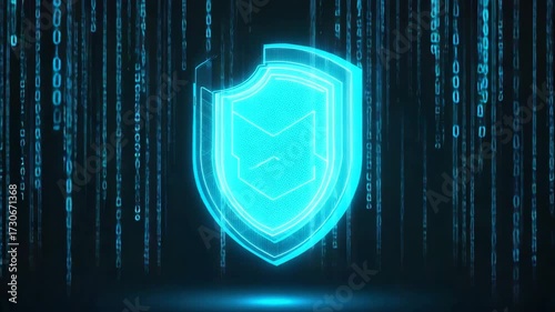 Glowing Cyan Shield Icon Amidst Falling Binary Code Matrix security protection