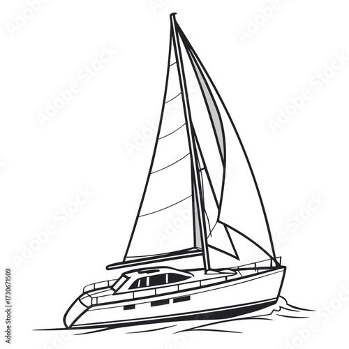 Modern sailboat with full sails gliding gracefully through wavy water on a clear day