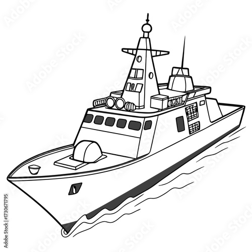 Modern warship silhouette illustration with radar mast and gun turret sailing on water