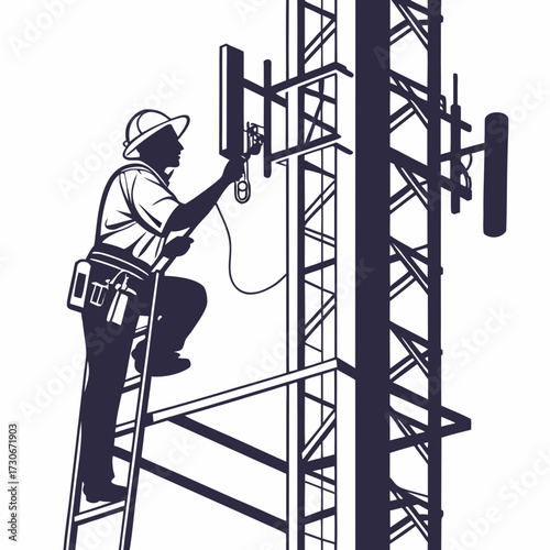 Silhouette of a technician working on a cell tower installing equipment on a ladder