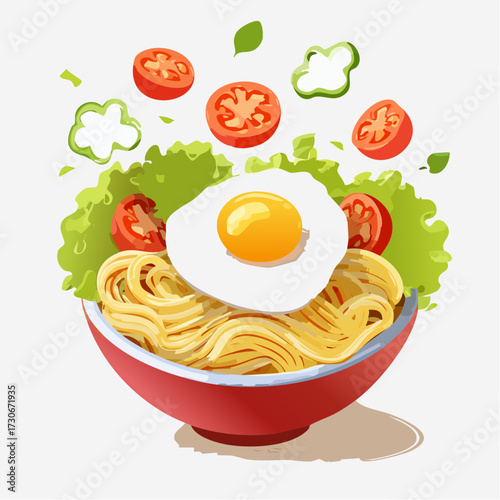 Delicious and realistic 3D render of instant noodles with a fried egg, fresh tomatoes, and vegetables Vector Illustration