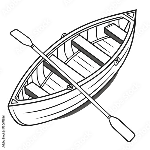 Simple black and white illustration of a wooden rowboat with oars resting inside on a white background
