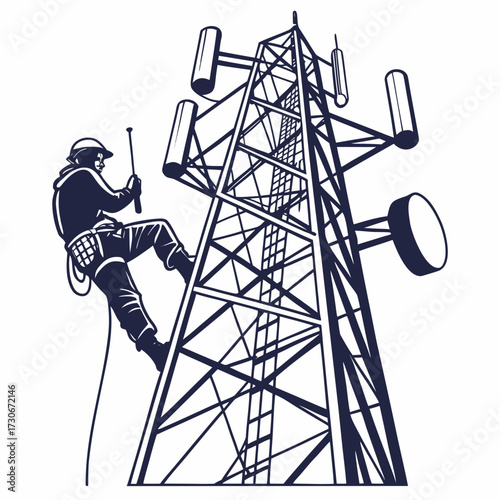 Skilled technician rappels down a tall telecommunications tower with antennas against a white background