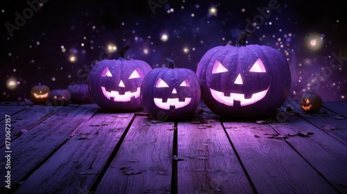 glowing purple halloween pumpkins with carved faces on wooden planks at night jack o lantern