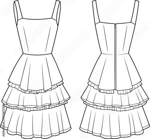 Cad drawing flat vector illustration of women ruffle layered tiered sleeveless summer dress with back zipper detailed fashion design template